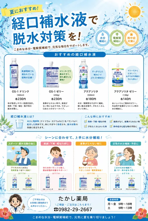 経口補水液で脱水対策を。OS-1ドリンク230円、OS-1ゼリー230円、アクアソリタ180円、アクアソリタゼリー140円。発熱・下痢・嘔吐時や汗をかいた時の水分・電解質補給に